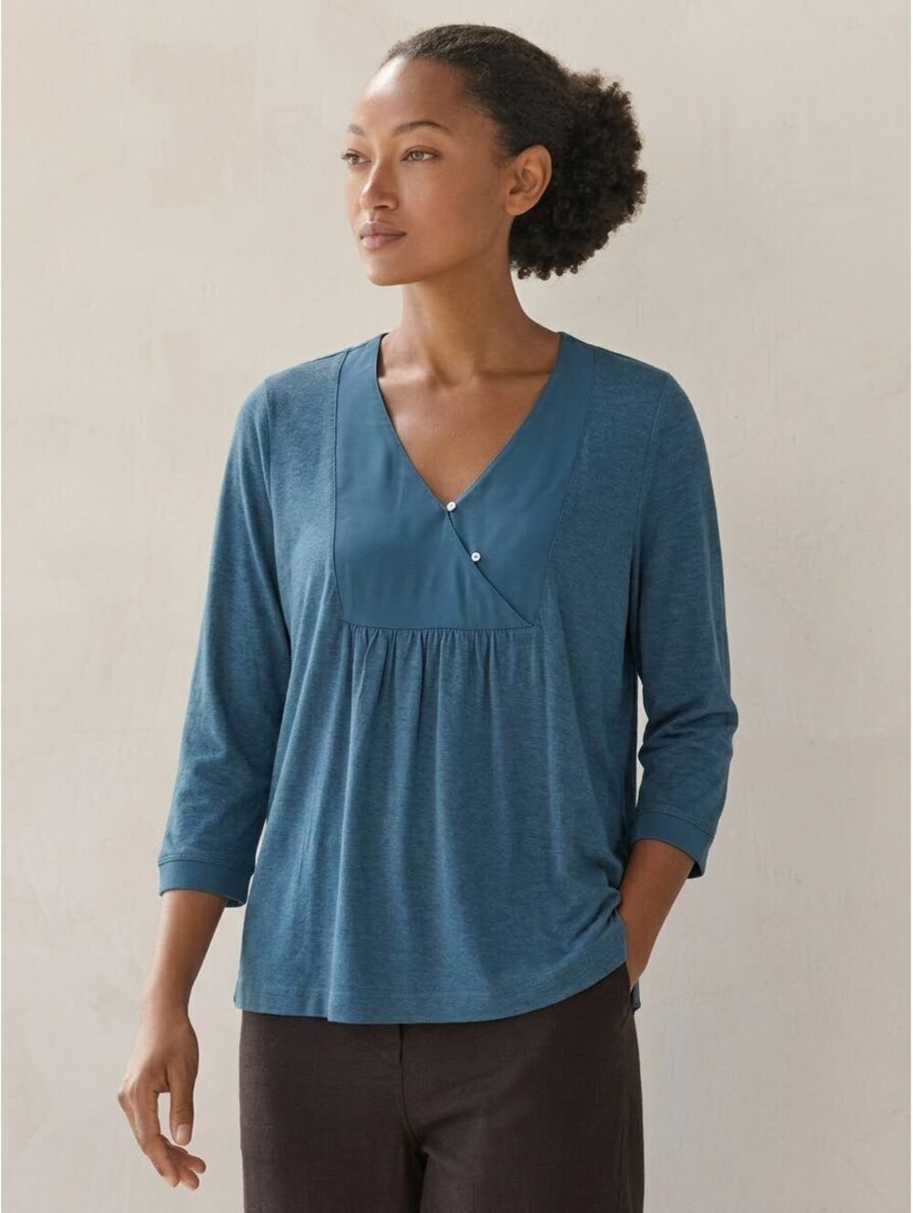 Poetry Blue Viscose Wool Knit Top with 100% Silk Trim V-Neck US 14